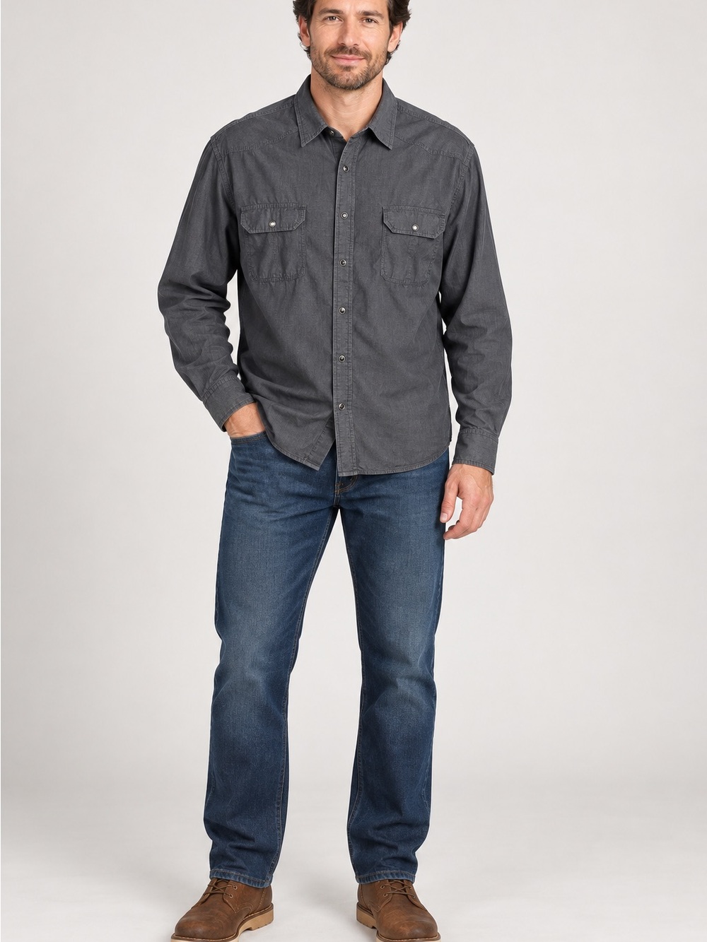 American Rag Men's Straight Jeans in gray wash! Snap up and snap detail, XL Y2K